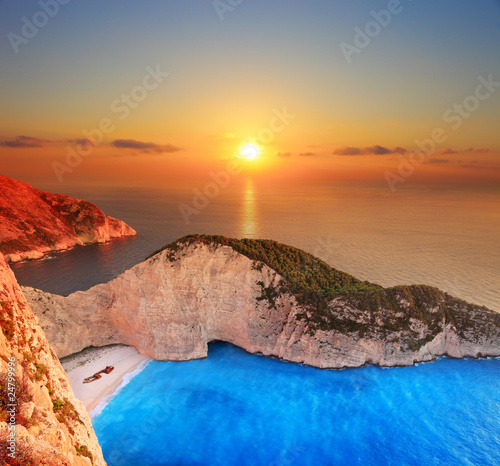 A panorama over Zakynthos island with a shipwreck on the beach