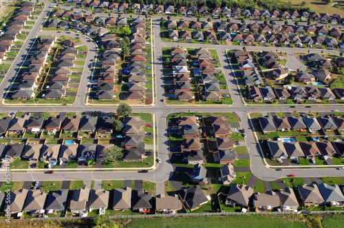 Aerial view of North American suburban neighborhoods