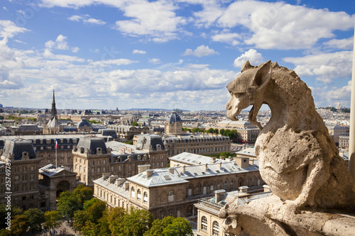 Notre Dame: Chimera (dragon) overlooking the skyline of Paris
