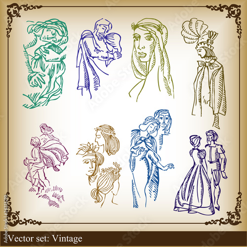 Medieval people vector background set