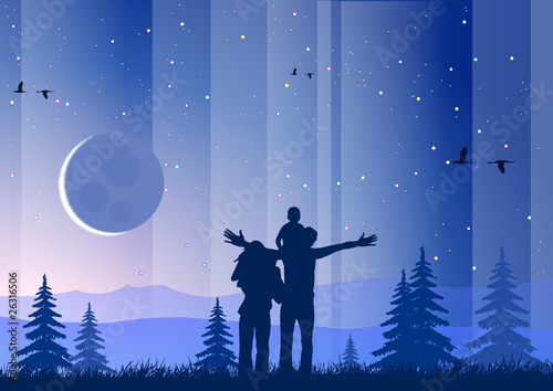 Happy family with moon and starry sky