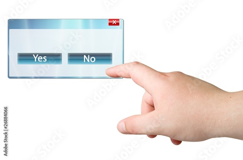 Finger and computer window with Yes/No buttons.