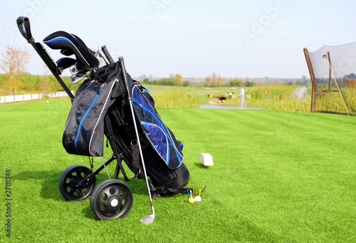 golf field with blue golf bag