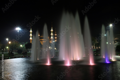 Sultanahmet Mosque with the fountain at night, Istanbul.