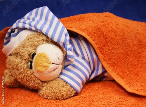 Teddy im orangen Bett