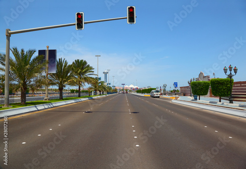 The road with hanging traffic lights to Marina mall in Abu Dhabi