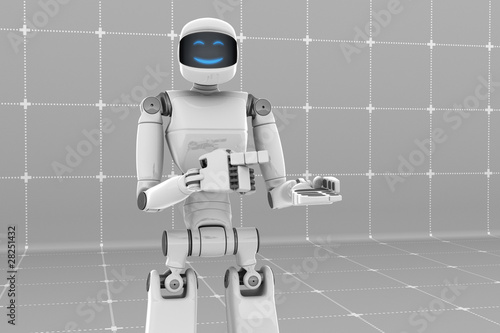 White futuristic robot holding something. Happy smiling face