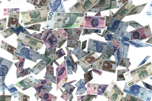 Polskie Banknoty Spadające banknoty - deszcz pieniędzy