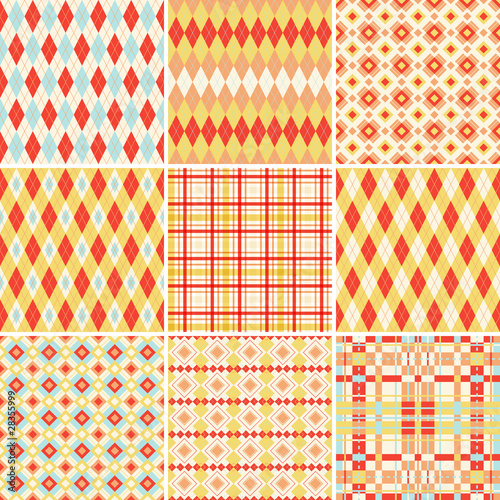 Seamless argyle and plaid patterns in bright colors
