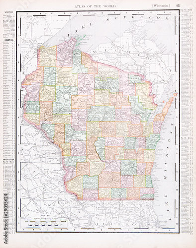 Antique Vintage Color Map of Wisconsin, WI, United States, USA