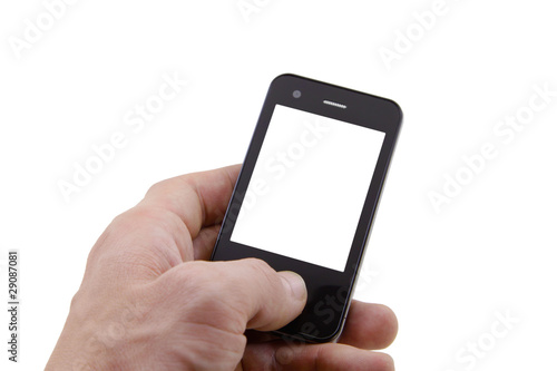 mobile phone in left hand with a blank screen