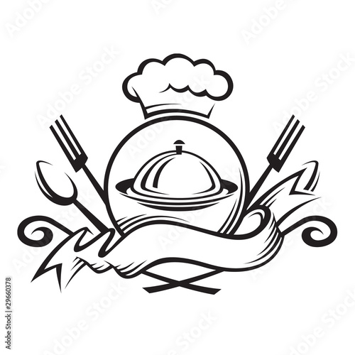 chef hat with spoon, fork and dish