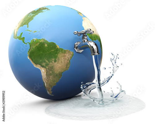 Earth globe with water tap dropping water