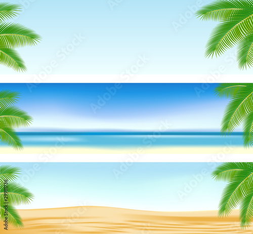 Panorama with palm branches, desert, sky and sea. Illustration.
