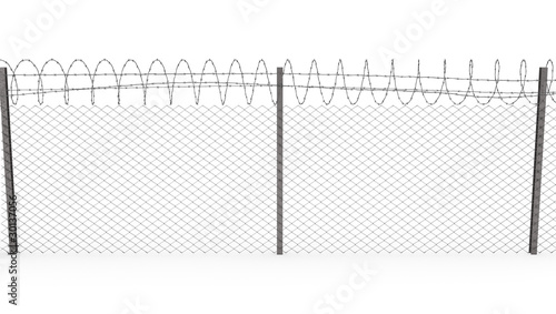 Chainlink fence with barbed wire on top, front view