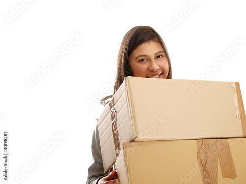 teenage girl carrying carton boxes