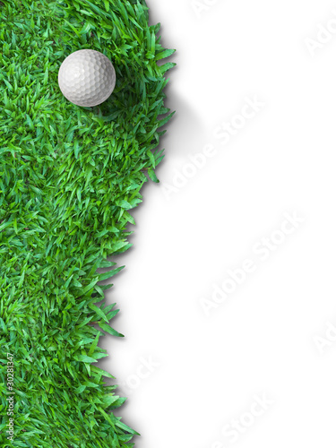 White golf ball on green grass isolated