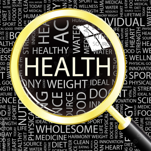 HEALTH. Magnifying glass over different association terms.