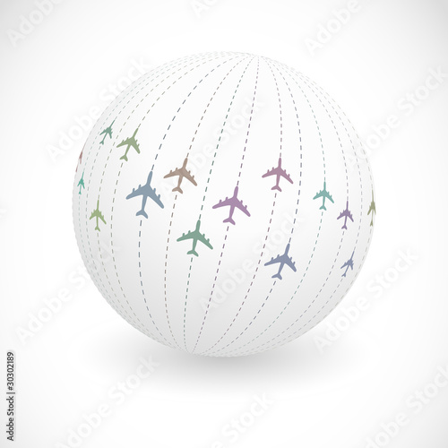 Globe with plane signs. Vector illustration.