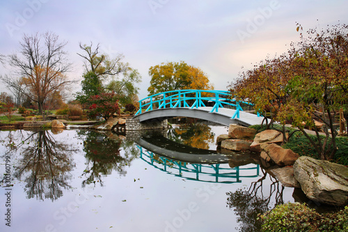 Japanese Foot Bridge And Pond In Autumn