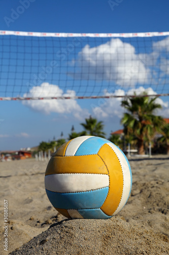 volleyball net, volleyball on beach and palm trees.