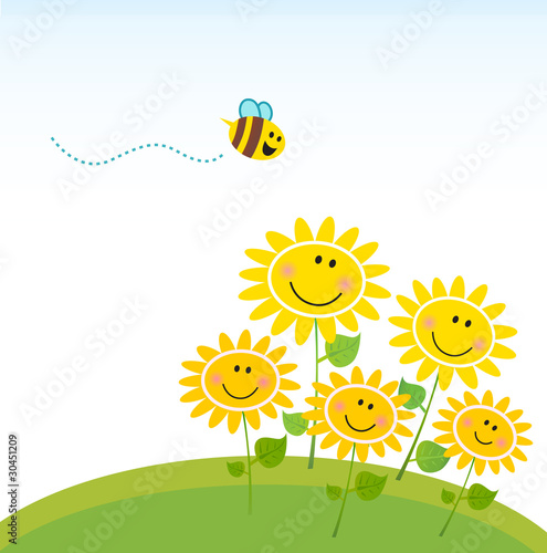 Cute yellow honey bee with group of flowers. Vector