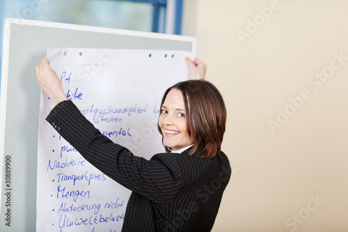 junge frau präsentiert ideen am flipchart