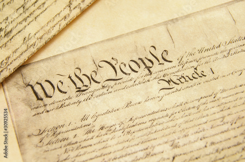 Closeup of a replica of U.S. Constitution document