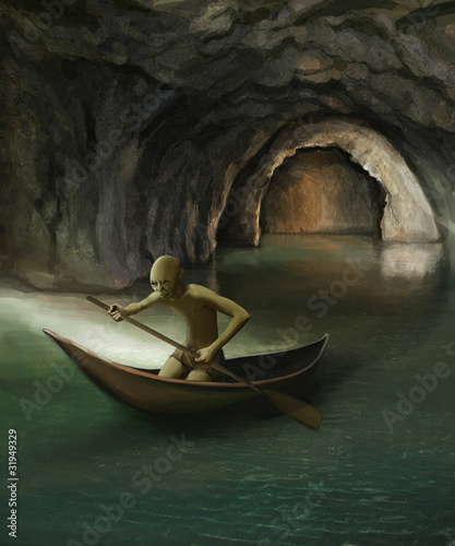 goblin in boat on underground lake, digital painting