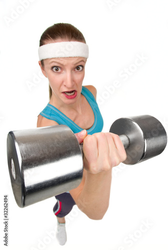 funny woman with dumbell