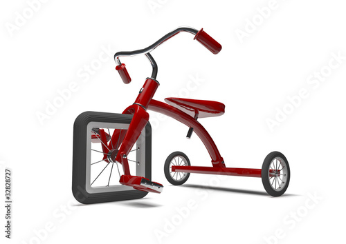 Red tricycle with slight design flaw