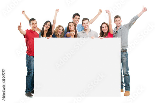 Happy people with white board