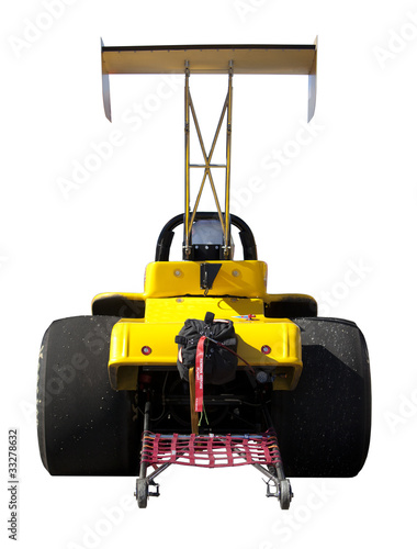 Yellow dragster seen from behind isolated on white