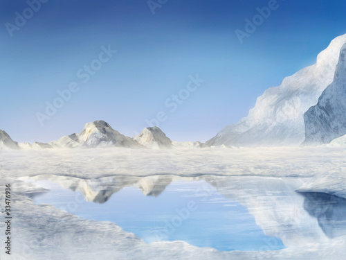 snow covered mountains reflected in a frozen lake