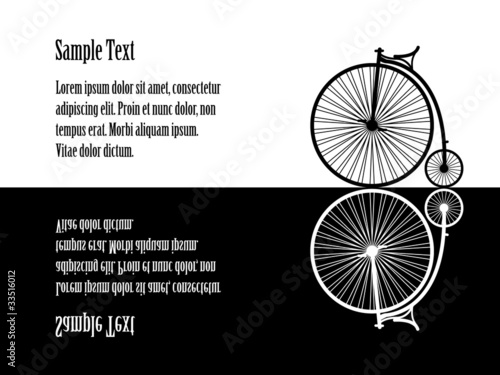 Illustration of velocipede (old bicycle), black and white, refl