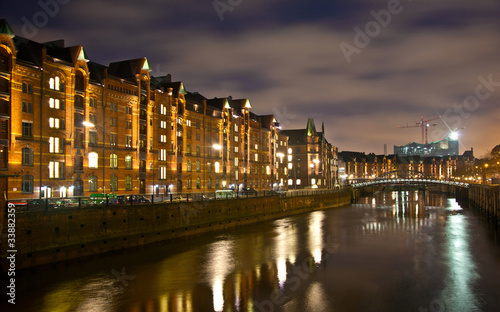 Speicherstadt at night in Hamburg