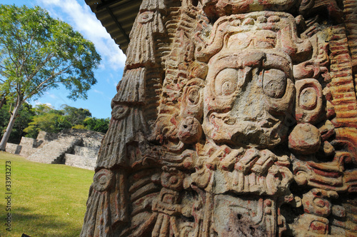 Sculptures in Archeological park in Copan ruinas