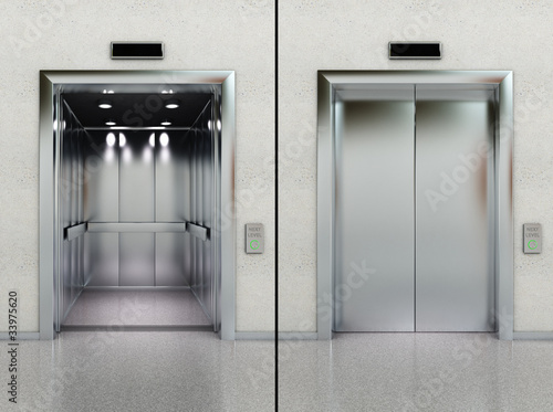 Open and closed elevator in lobby