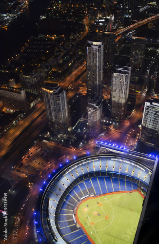 Baseball stadium with skyscrapers