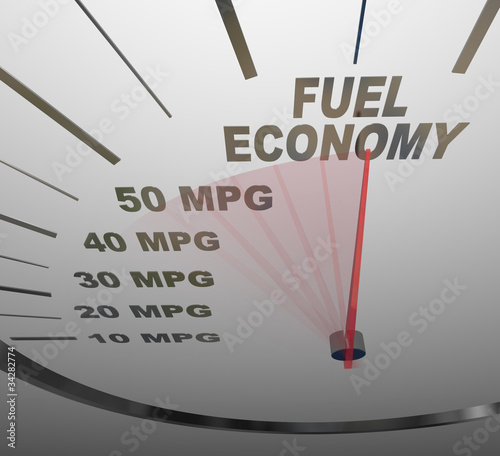 Fuel Economy Speedometer Measures MPG Efficiency in Car or Vehic