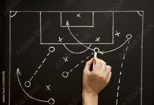 Coach drawing a soccer football game strategy in the locker room