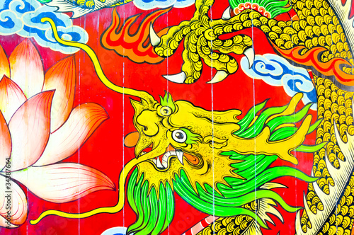 Tradition Chinese dragon painting on Chinese temple wall