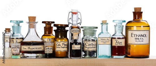 Various pharmacy bottles of homeopathic medicine