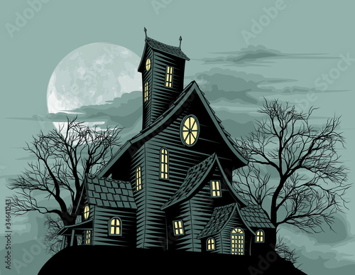 Creepy haunted ghost house scene illustration