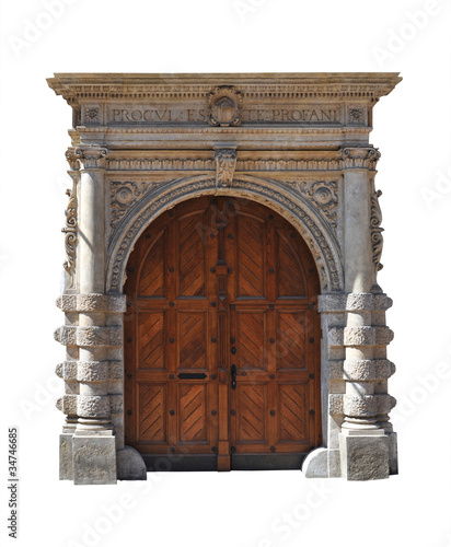 Old large wooden door - door portal - white background