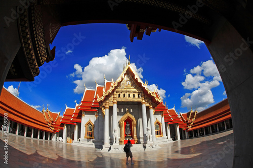 Beautiful marble Temple in Bangkok Thailand with blue sky