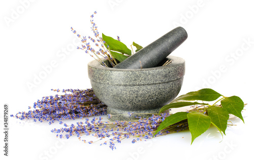 Beautiful lavender in a mortar isolated on white