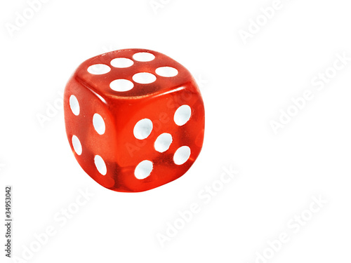 The classic red dice, isolated on white.