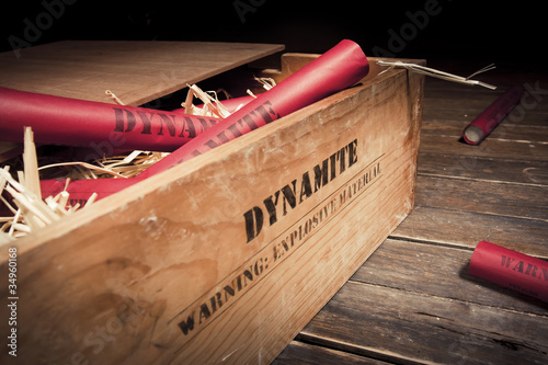 dangerous dynamite sticks on wooden a box