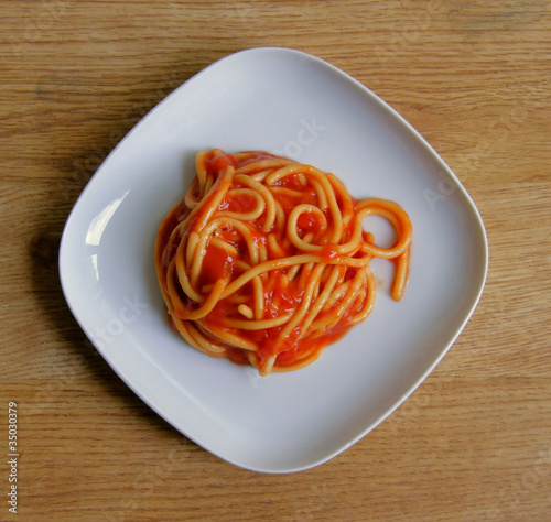 Plate of tomato spaghetti from above